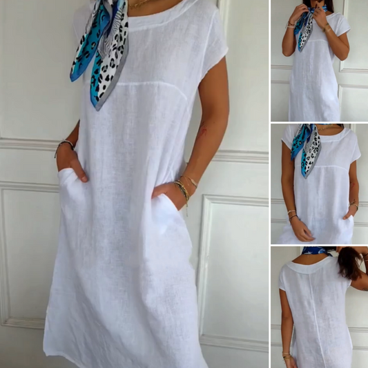 🏖️Soldes Verano 49% de descuento🌼Vestido de algodón de cuello redondo y manga corta para mujer