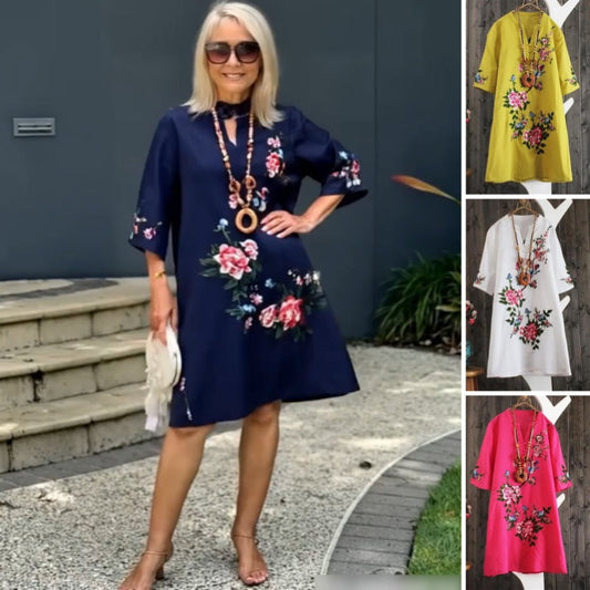 Vestido suelto con cuello en V y presión floral para mujeres