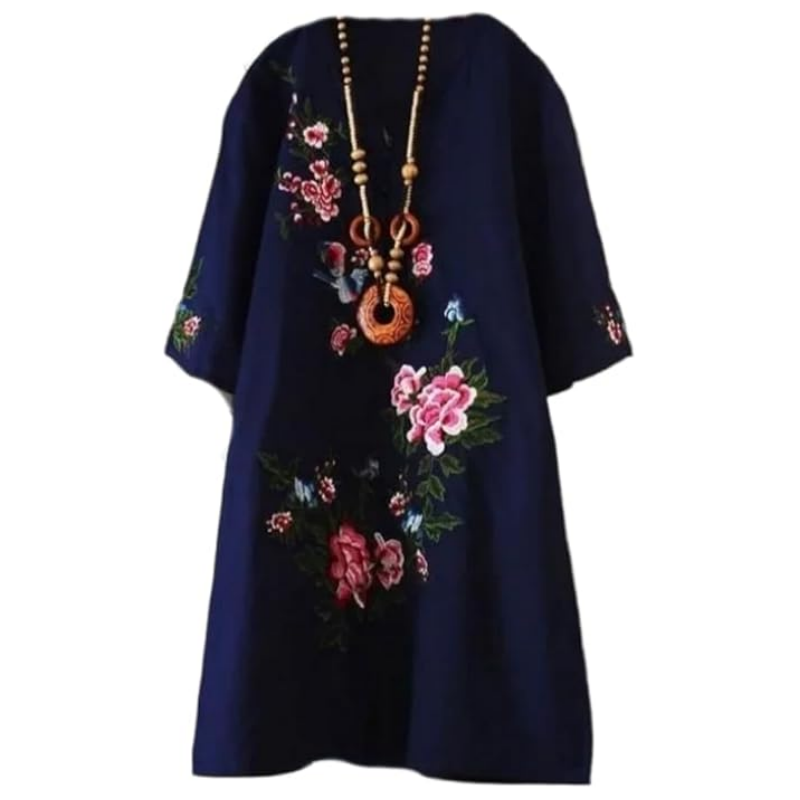 Vestido suelto con cuello en V y presión floral para mujeres