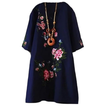 Vestido suelto con cuello en V y presión floral para mujeres