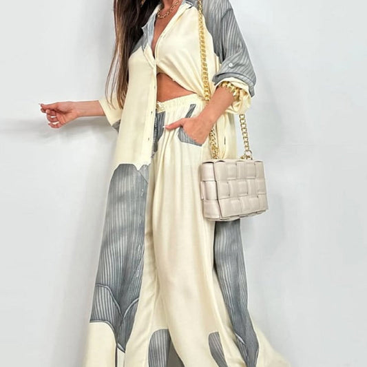 Botón completo Down Long Shirt & Drawstring Pants set
