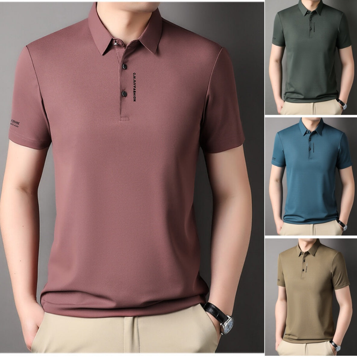 Herren Slim-Fit T-Shirt mit kurzen Ärmeln, Knopfleiste und Hemdkragen