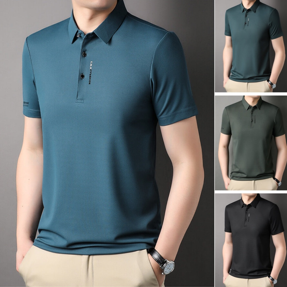 Herren Slim-Fit T-Shirt mit kurzen Ärmeln, Knopfleiste und Hemdkragen