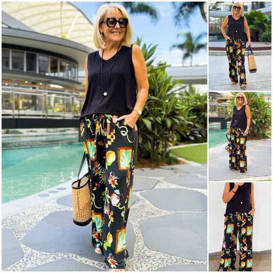 Pantalones top y de piernas abiertas de mangas de 2 piezas