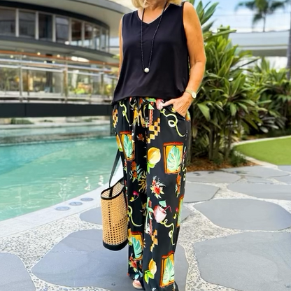 Pantalones top y de piernas abiertas de mangas de 2 piezas