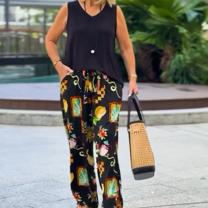 Pantalones top y de piernas abiertas de mangas de 2 piezas