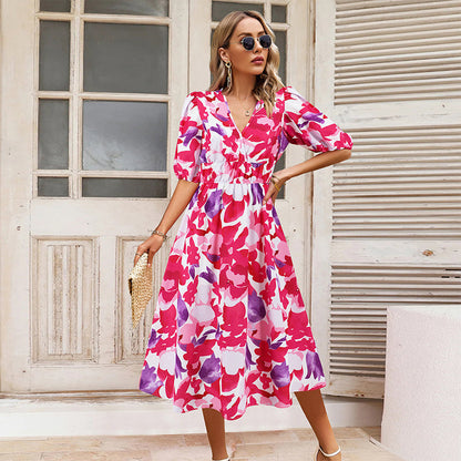 Vestido de ocio impreso con cuello en V damas