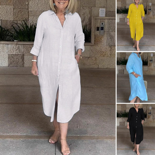 Vestido casual, ancho y largo de camisa para mujeres hechas de algodón y lino