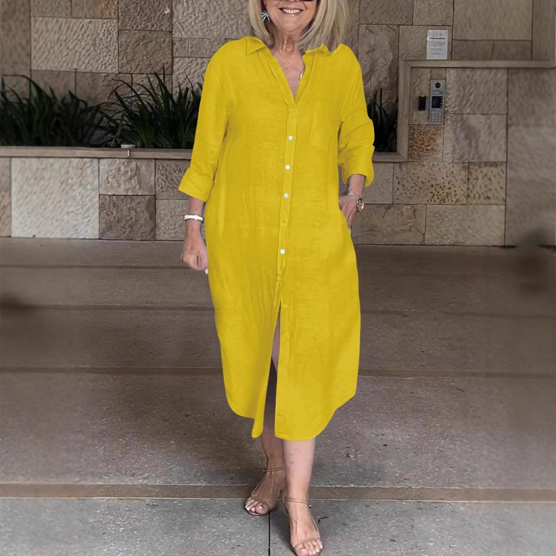 Vestido casual, ancho y largo de camisa para mujeres hechas de algodón y lino
