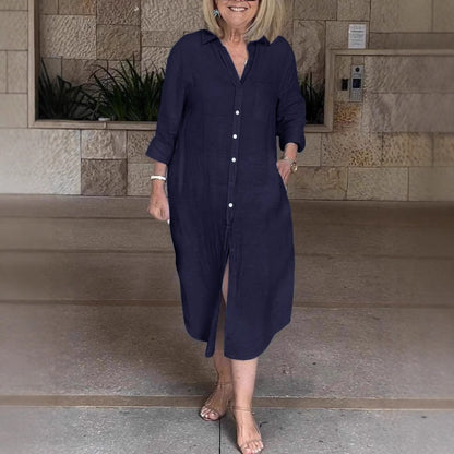Vestido casual, ancho y largo de camisa para mujeres hechas de algodón y lino