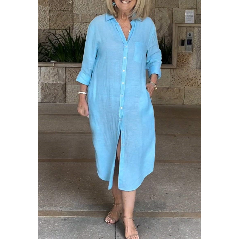 Vestido casual, ancho y largo de camisa para mujeres hechas de algodón y lino