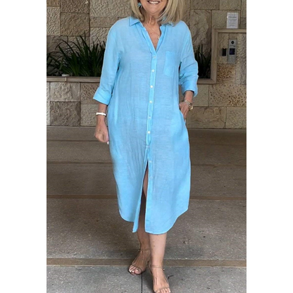 Vestido casual, ancho y largo de camisa para mujeres hechas de algodón y lino