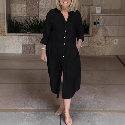 Vestido casual, ancho y largo de camisa para mujeres hechas de algodón y lino