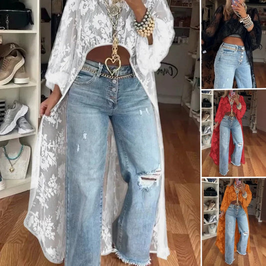 🔥Top largo transparente y elegante con estampado de encaje.