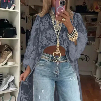 🔥Top largo transparente y elegante con estampado de encaje.