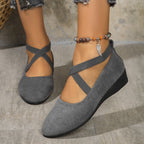 Elegante feste Farbe elastische Riemen niedrige Keilschuhe