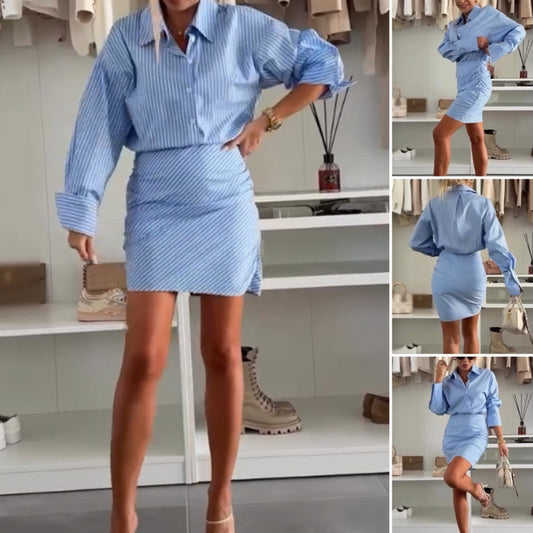 🔥¡Hasta 50% de descuento!👔Vestido camisero de rayas de manga larga con solapas💖