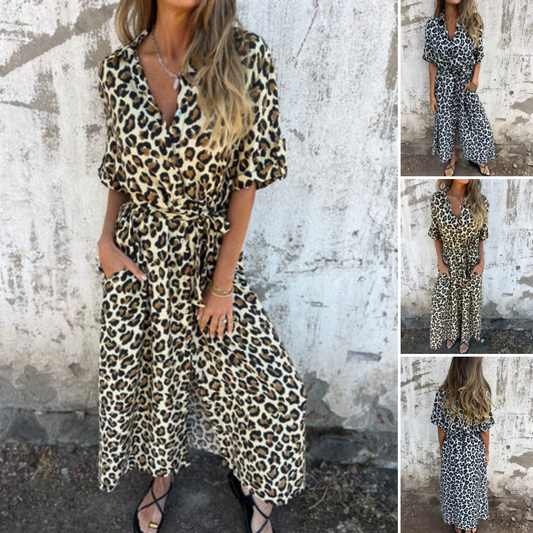 🐆Vestido largo con estampado de leopardo y cuello en V👗