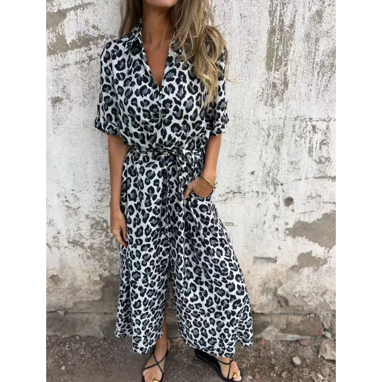 🐆Vestido largo con estampado de leopardo y cuello en V👗