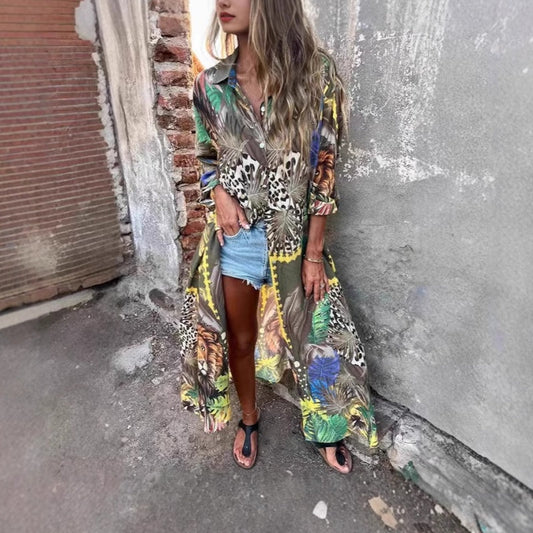 Vestido de solapa de manga larga impresa