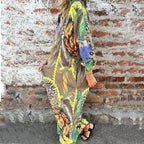 Printed Long Sleeve Lapel Open-Front Dress