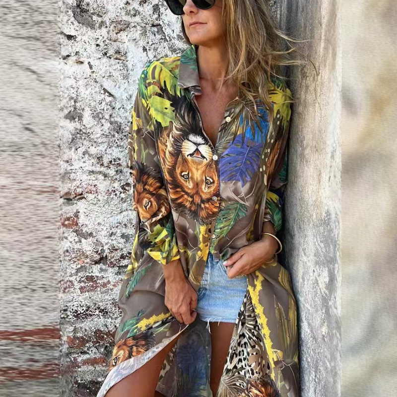 Printed Long Sleeve Lapel Open-Front Dress