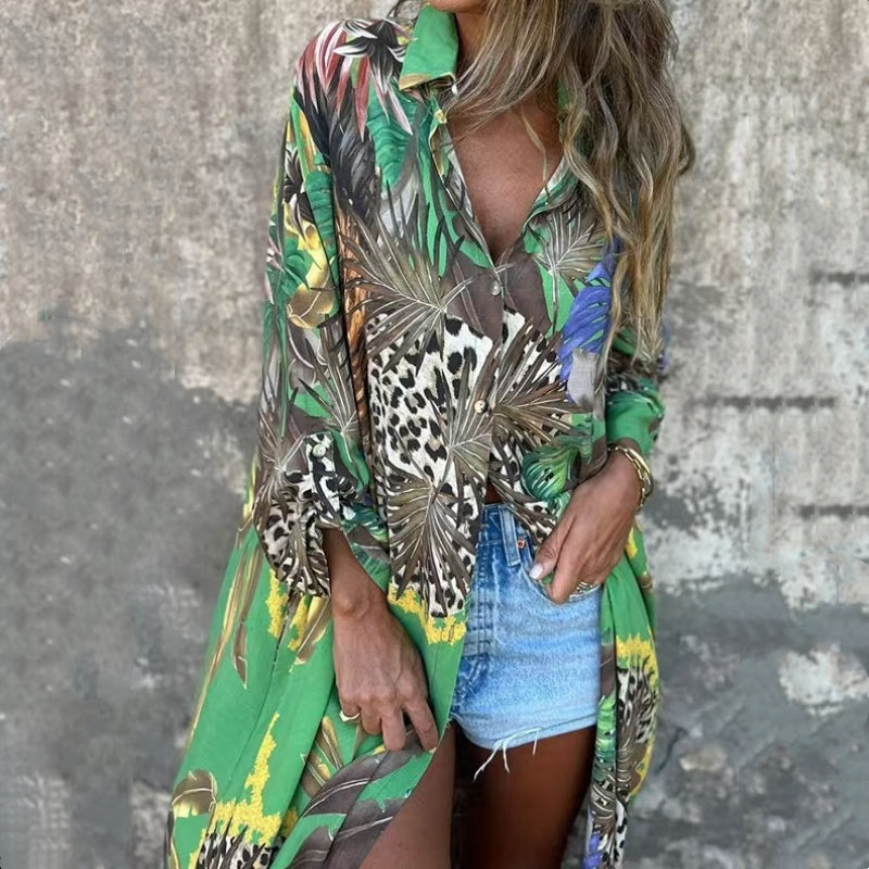 Printed Long Sleeve Lapel Open-Front Dress