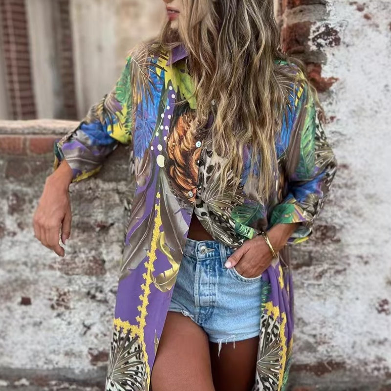 Printed Long Sleeve Lapel Open-Front Dress