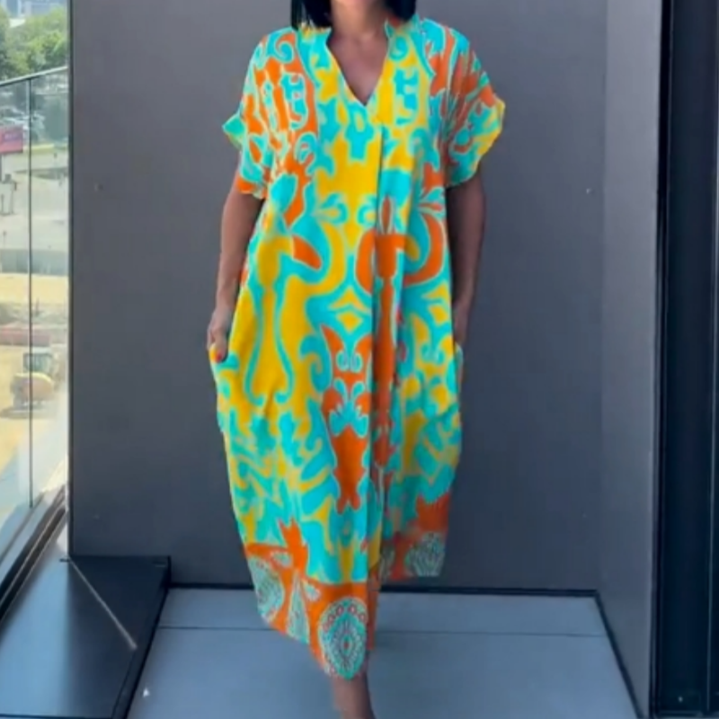 Vestido casual, elegante e impreso con un cuello en V para mujeres