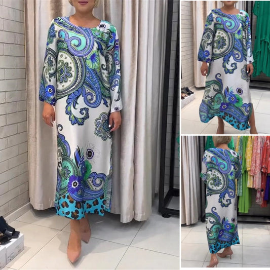 Elegante vestido largo con un escote circular y presión floral