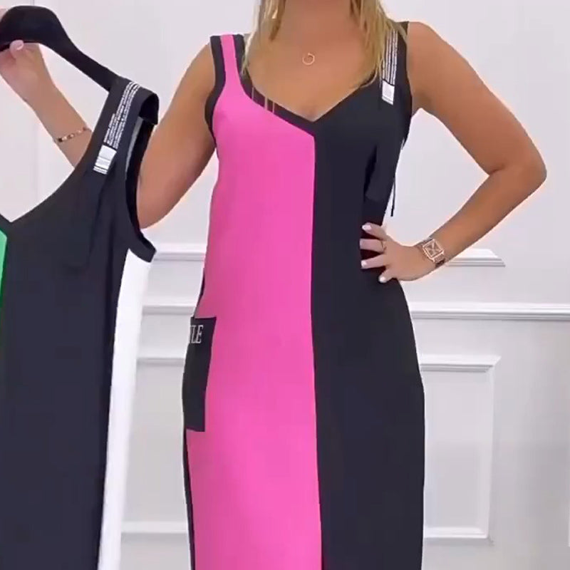 50 % Rabatt 🥰Ärmelloses Strickkleid mit V-Ausschnitt und Farbblock