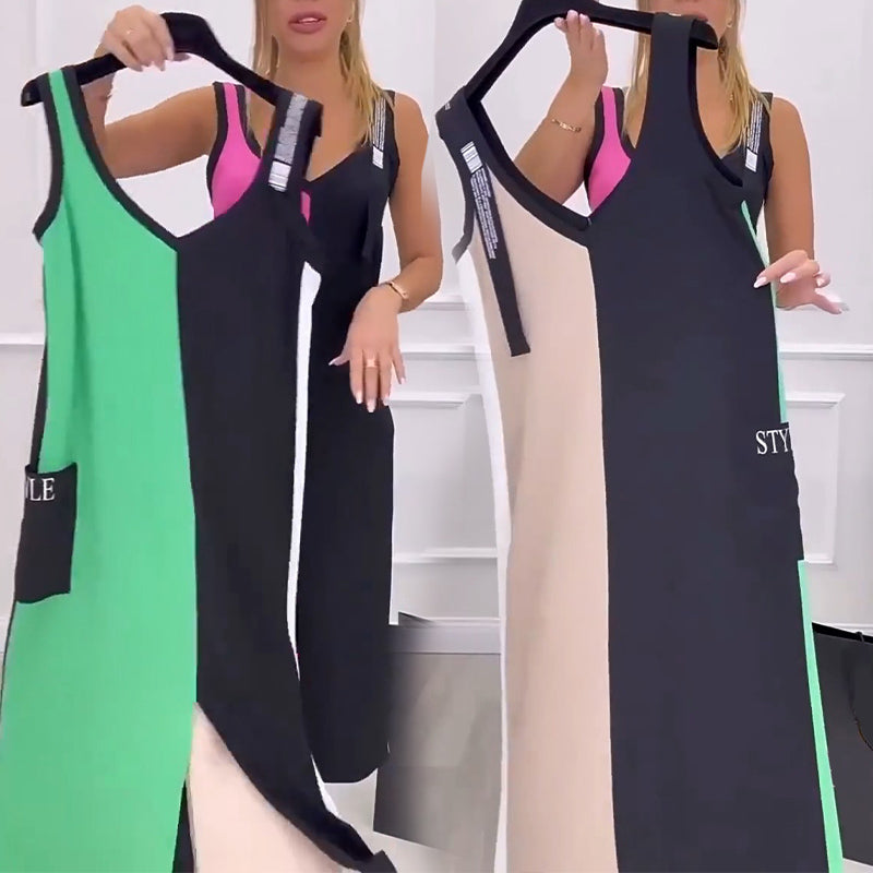 50 % Rabatt 🥰Ärmelloses Strickkleid mit V-Ausschnitt und Farbblock
