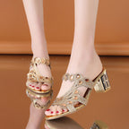 Women's Rhinestone Lightweight One-Line Chunky Heel Slippers