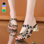 Women's Rhinestone Lightweight One-Line Chunky Heel Slippers