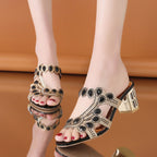 Women's Rhinestone Lightweight One-Line Chunky Heel Slippers