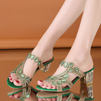 Women's Rhinestone Lightweight One-Line Chunky Heel Slippers