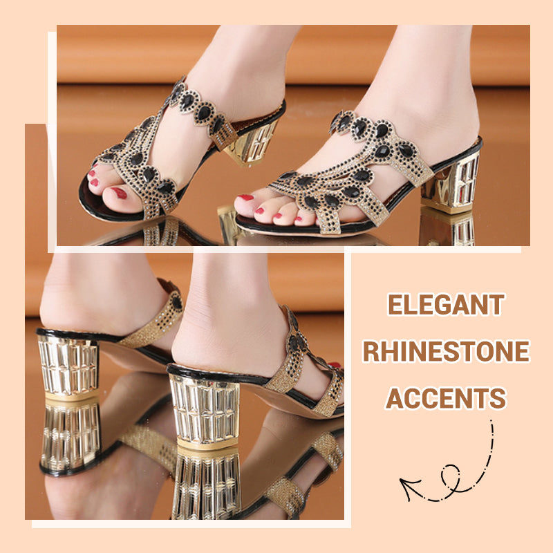 Women's Rhinestone Lightweight One-Line Chunky Heel Slippers