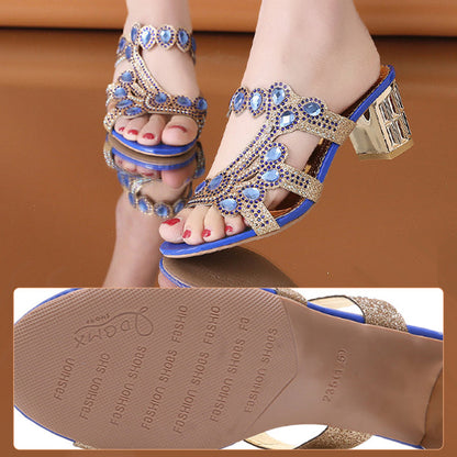 Slipper de tacón grueso de una línea ligera de diamantes de imitación de imitación