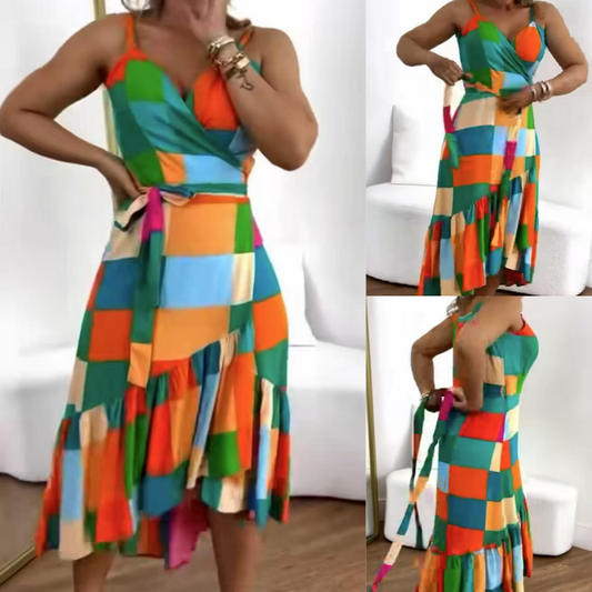 Vestido colorido de lana de lana de cintura con estampado geométrico de mujer
