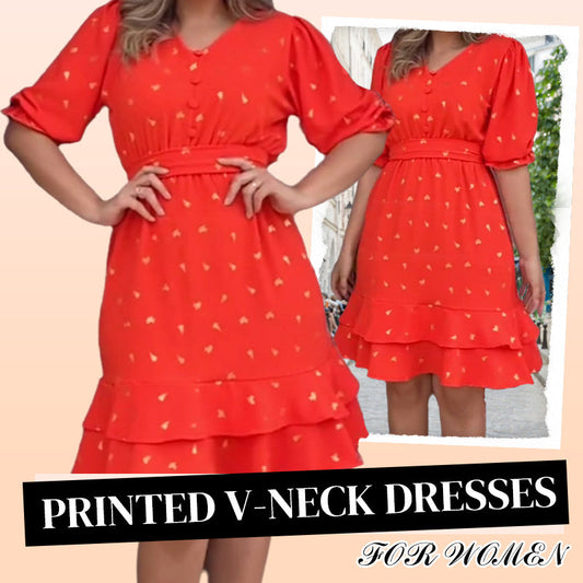 💕Vestidos de mujer estampados con escote en pico, manga corta y tapeta con botones.