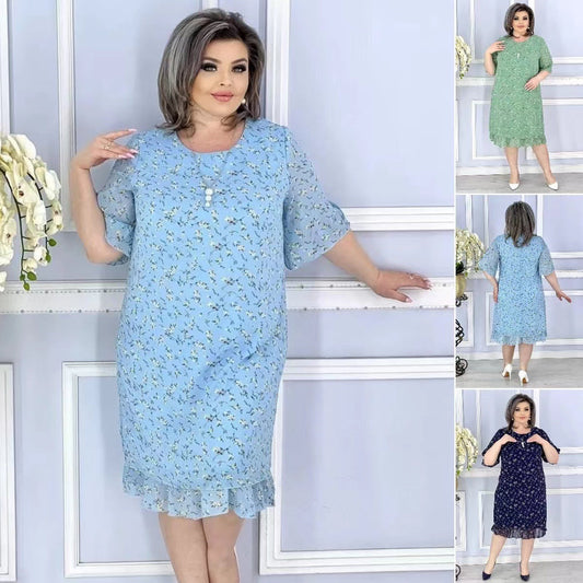 Vestido de flores de damas con un ajuste suelto, mangas cortas y borde de olas