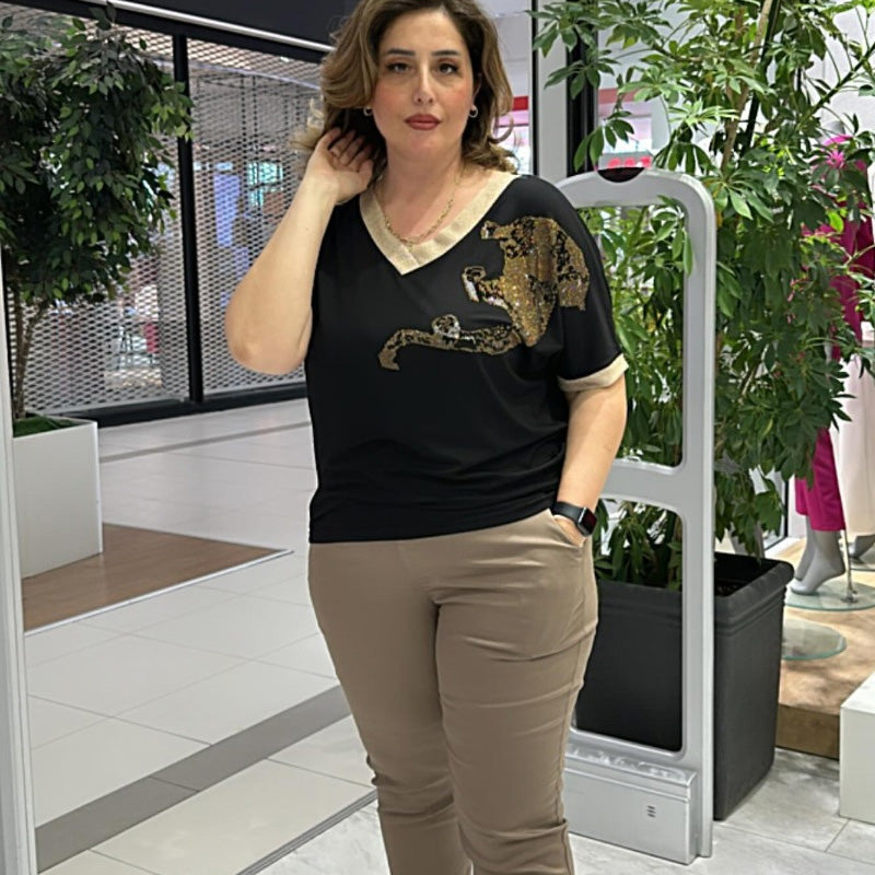 Damen lässiges elegantes Oberteil mit Druck und V-Ausschnitt