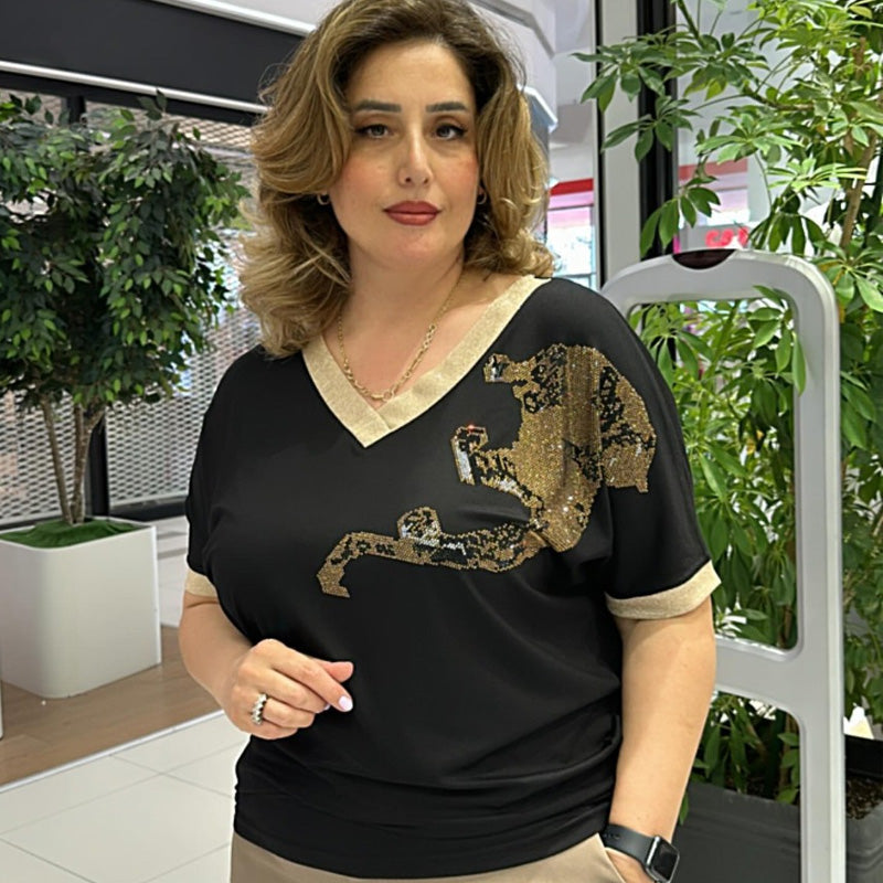 Damen lässiges elegantes Oberteil mit Druck und V-Ausschnitt