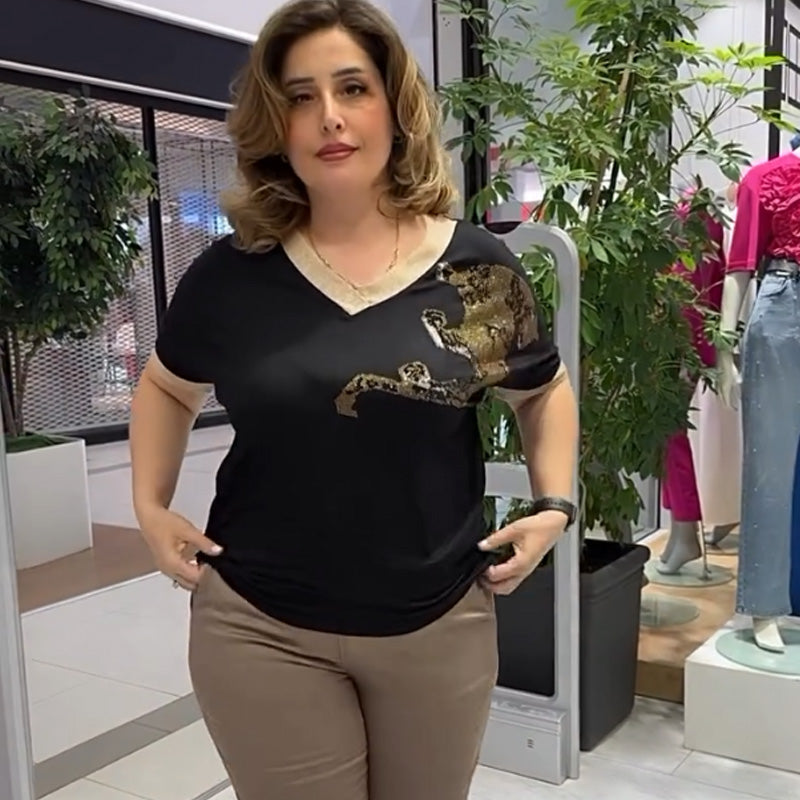 Damen lässiges elegantes Oberteil mit Druck und V-Ausschnitt