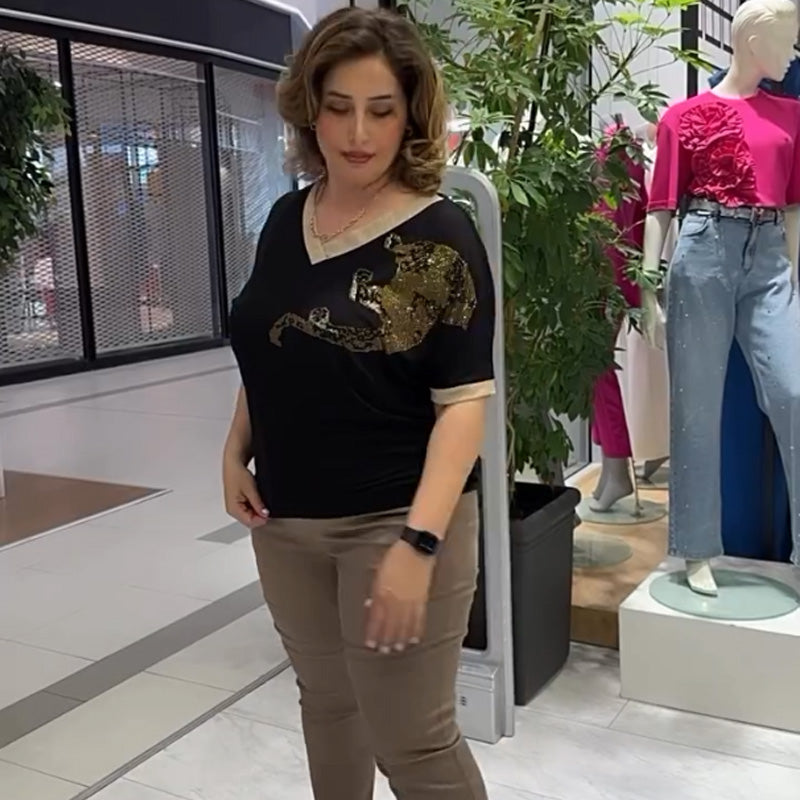 Damen lässiges elegantes Oberteil mit Druck und V-Ausschnitt