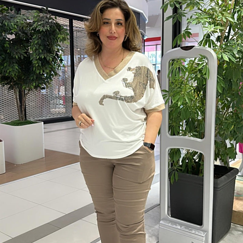 Damen lässiges elegantes Oberteil mit Druck und V-Ausschnitt