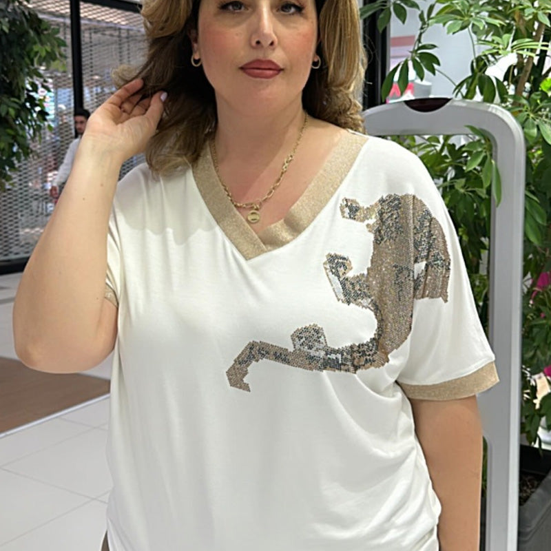Damen lässiges elegantes Oberteil mit Druck und V-Ausschnitt