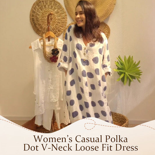 Vestido de mujer casual con puntos, cuello en V y ajuste suelto