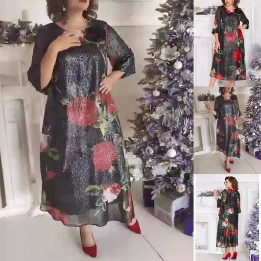 Damen-Runden-Ausschnitt-Druck-Kleid