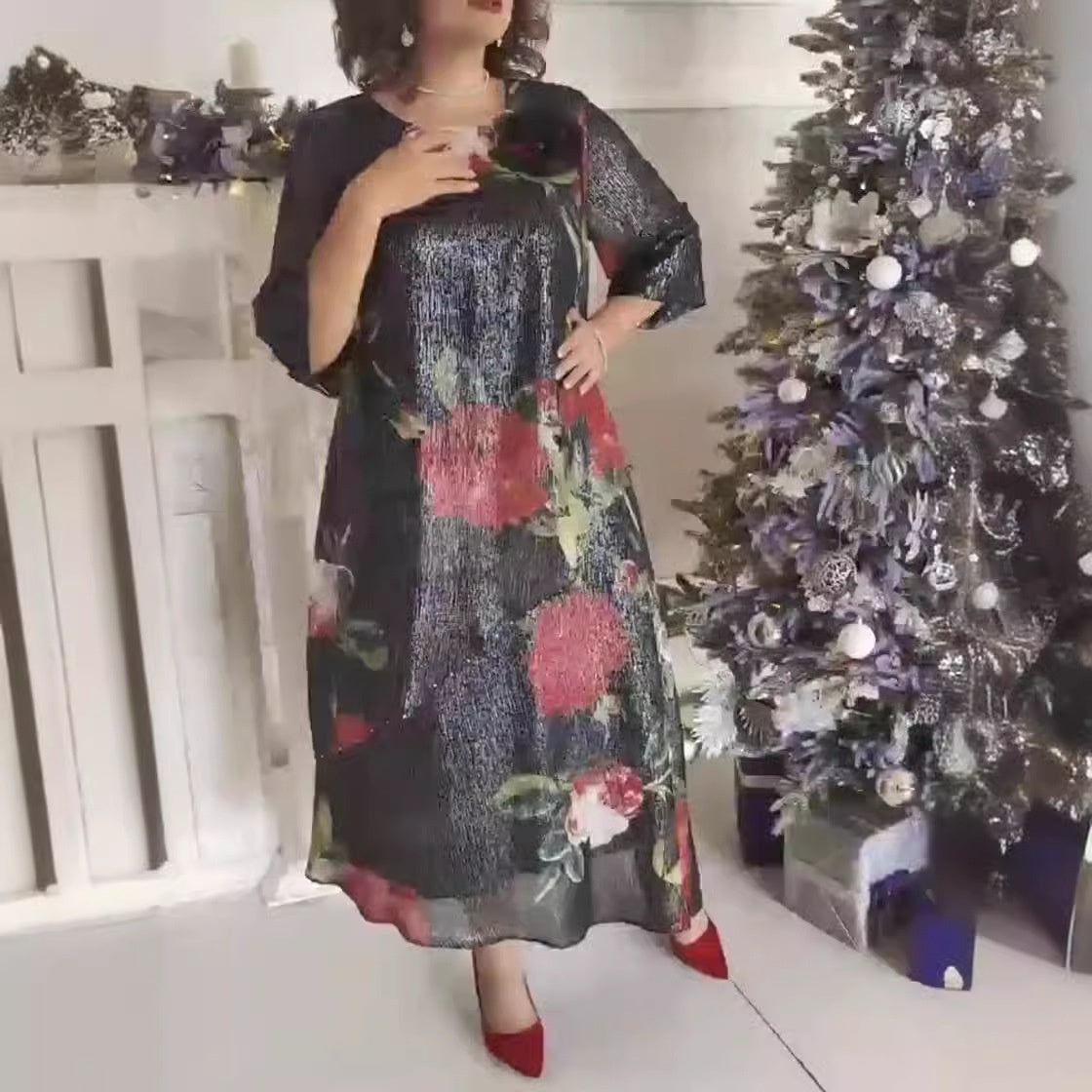 Damen-Runden-Ausschnitt-Druck-Kleid